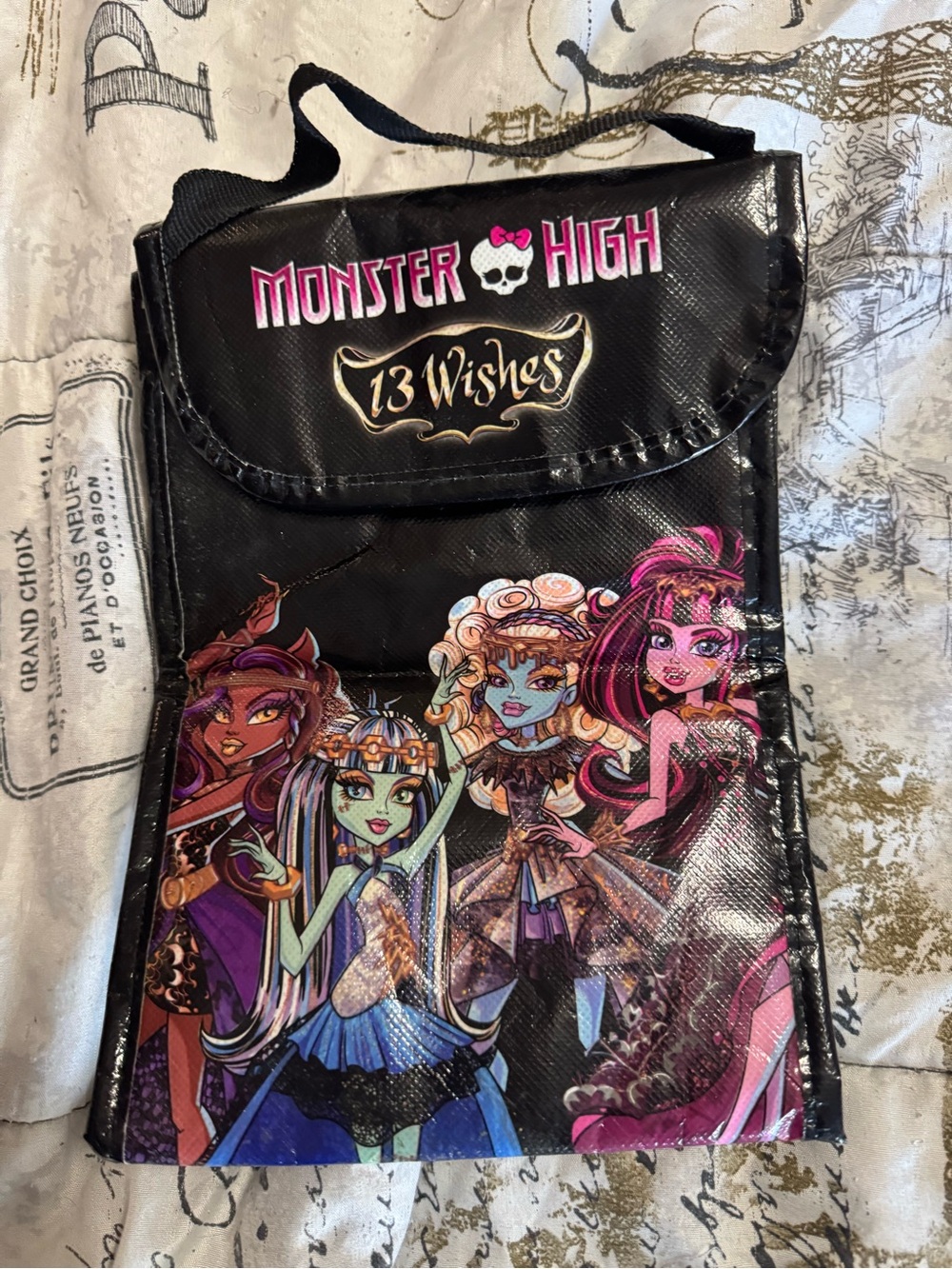 Monster High Black Bag with Pink, Purple, Blue Character Art insulated lunch bag